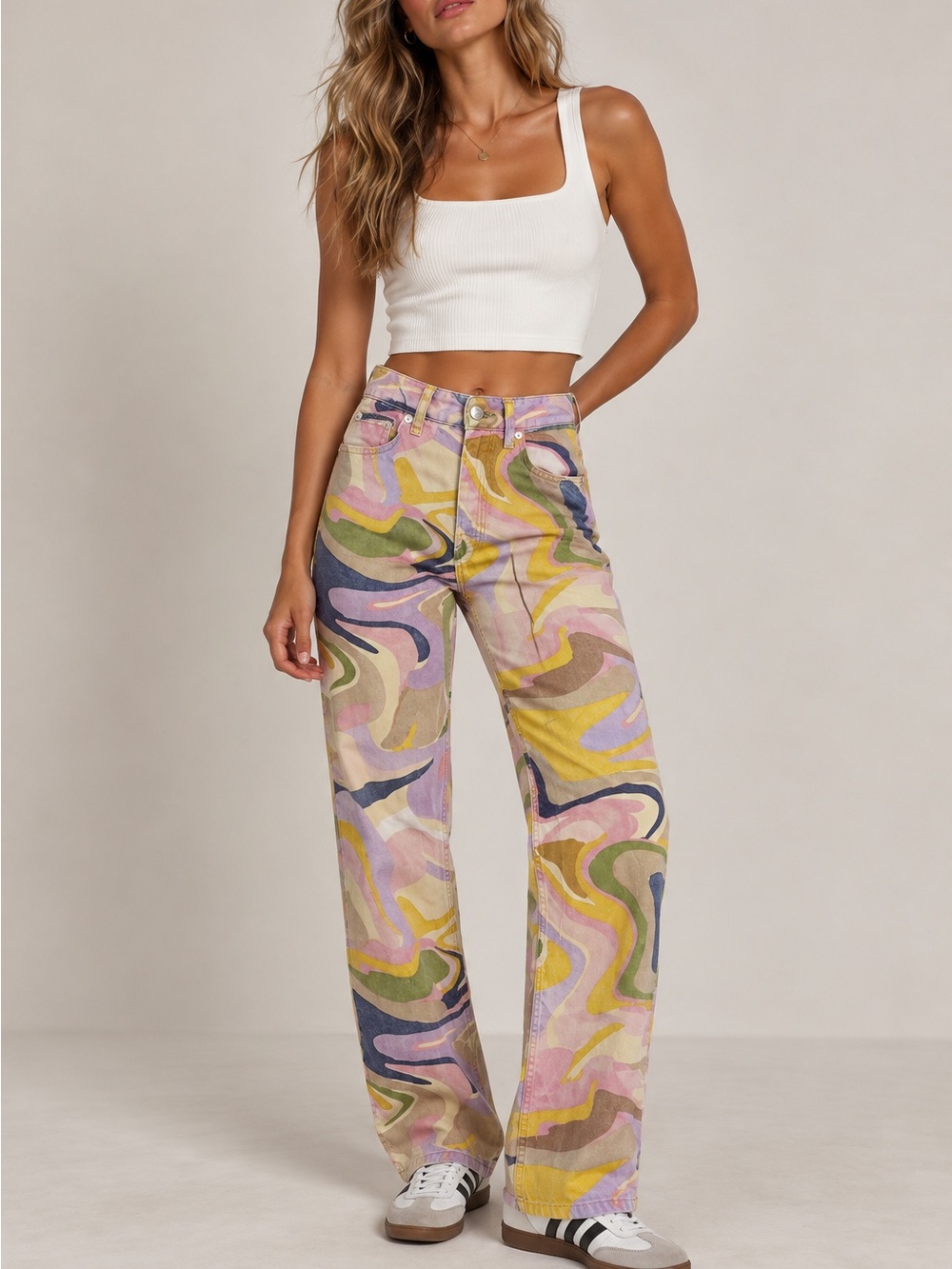 ZARA • multi color swirl retro straight leg jeans
